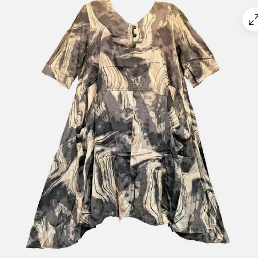 Nwt SACRED THREADS funky abstract gray bohemian rayon sharkbite DRESS TUNIC L